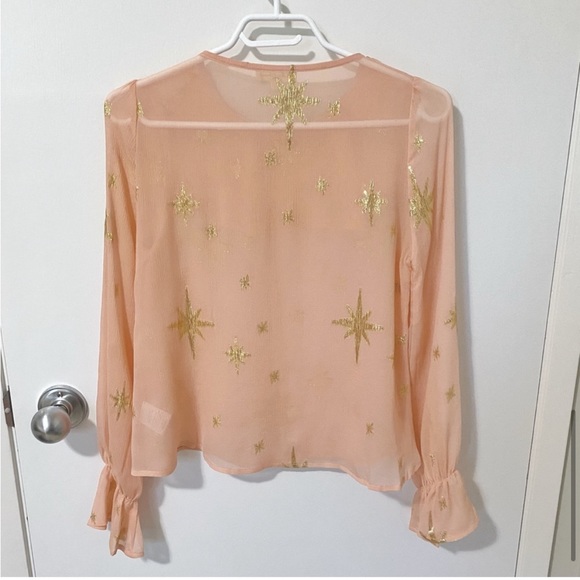 For Love & Lemons Gilded Star Ruffled Sheer Silk Blouse Rose Gold/Pink sz Xsmall - Picture 9 of 14